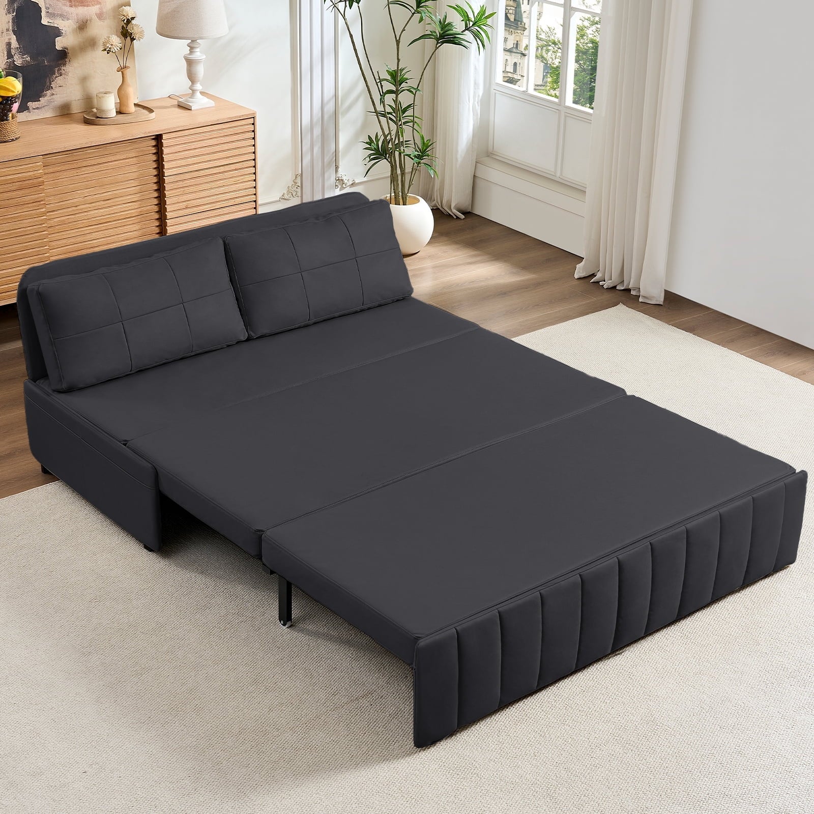 Mjkone 62’’ Leathaire Pull Out Sofa Bed, Loveseat Convertible Sleeper Sofa for Small Living Room/Apartment,
