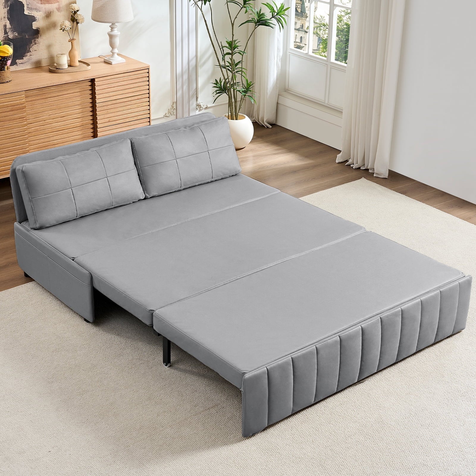 Mjkone 62’’ Leathaire Pull Out Sofa Bed, Loveseat Convertible Sleeper Sofa for Small Living Room/Apartment,