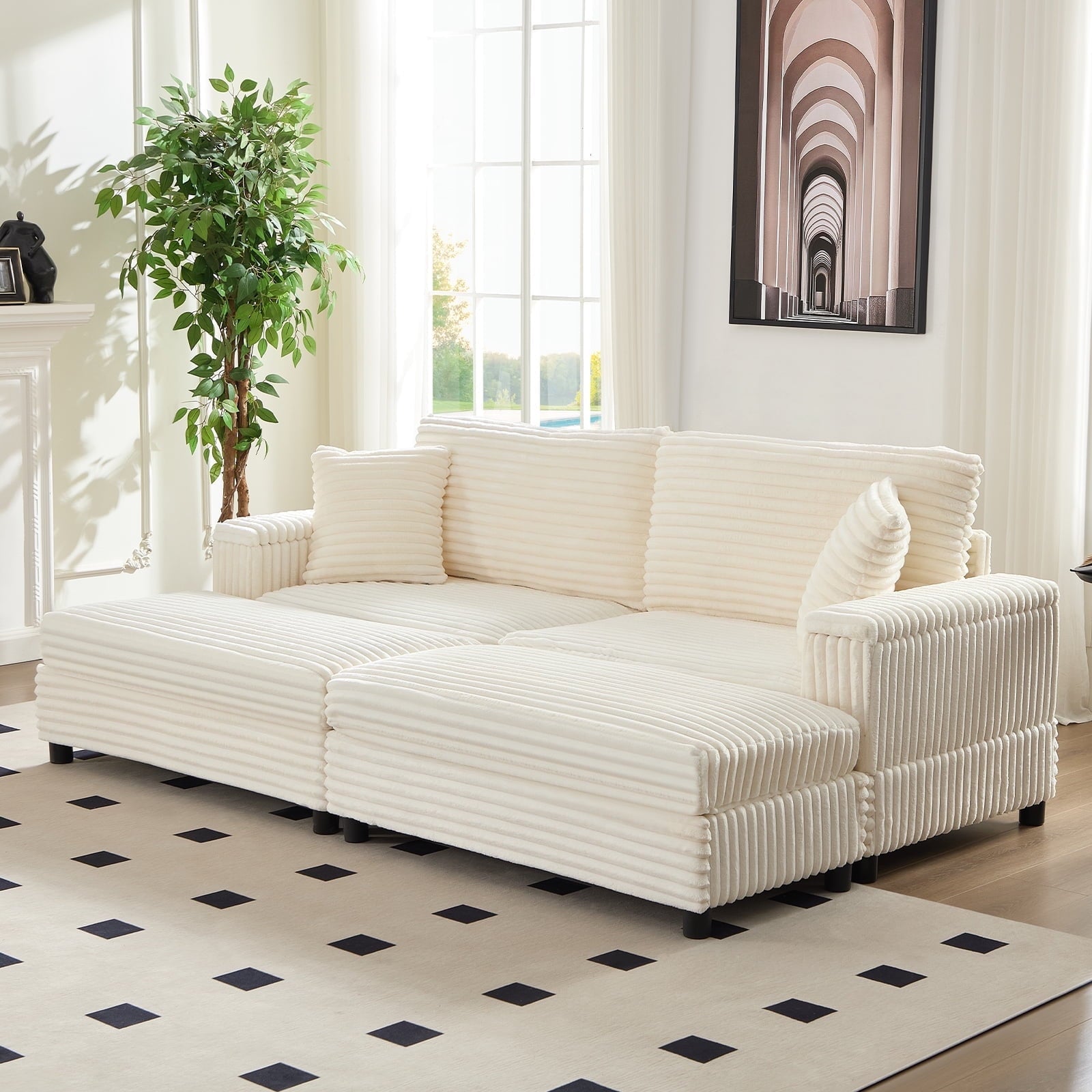 Mjkone 85’’ Loveseat Sectional Sofa with 2 Ottoman,Corduroy Deep Seat Couch with Storage Armrests Living Room Furniture,