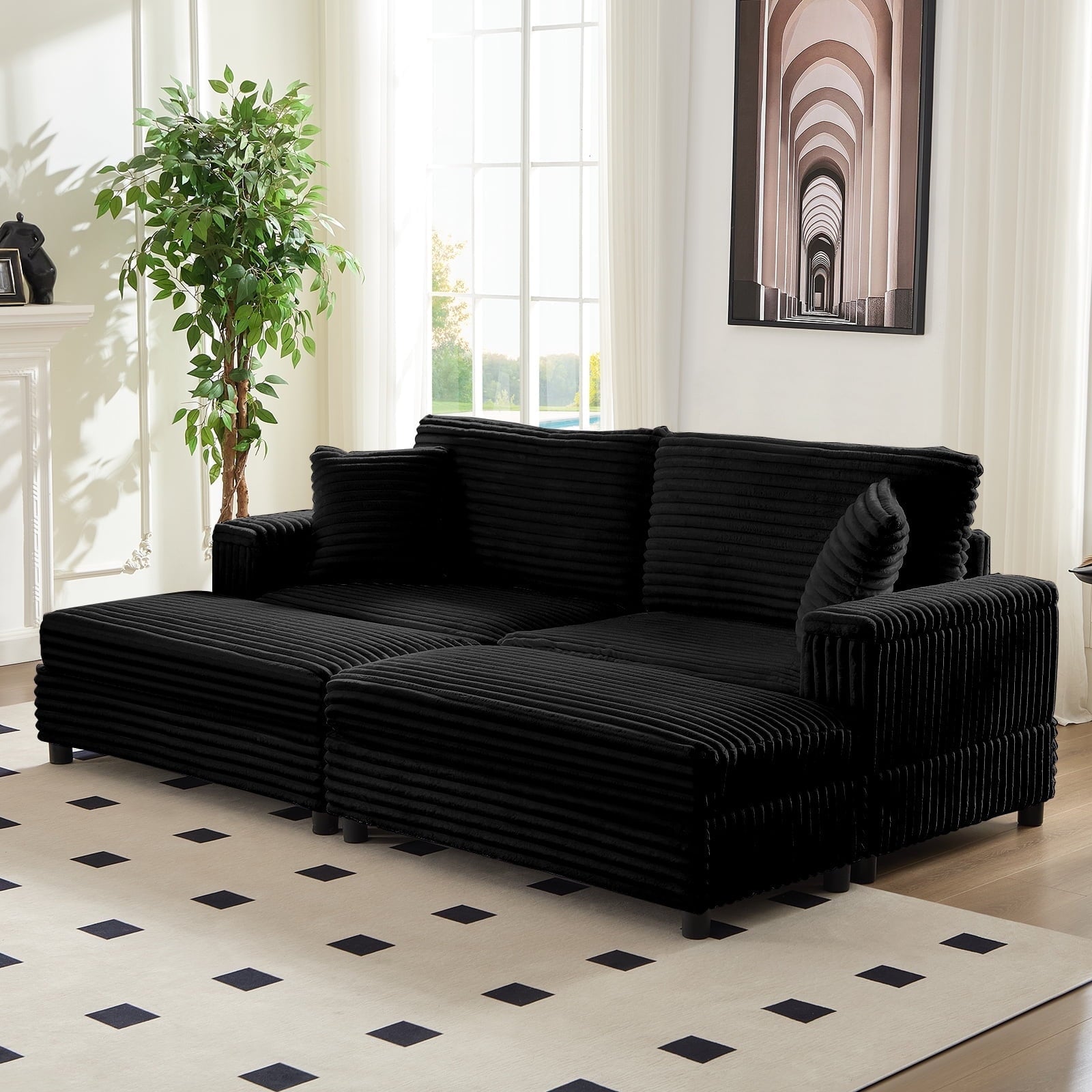 Mjkone 85’’ Loveseat Sectional Sofa with 2 Ottoman,Corduroy Deep Seat Couch with Storage Armrests Living Room Furniture,