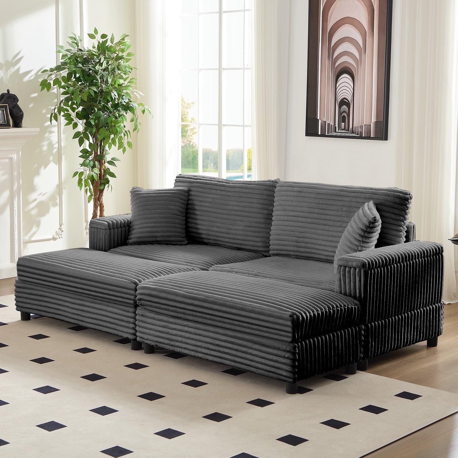Mjkone 85’’ Loveseat Sectional Sofa with 2 Ottoman,Corduroy Deep Seat Couch with Storage Armrests Living Room Furniture,