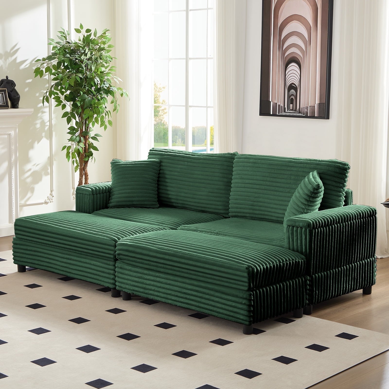 Mjkone 85’’ Loveseat Sectional Sofa with 2 Ottoman,Corduroy Deep Seat Couch with Storage Armrests Living Room Furniture,