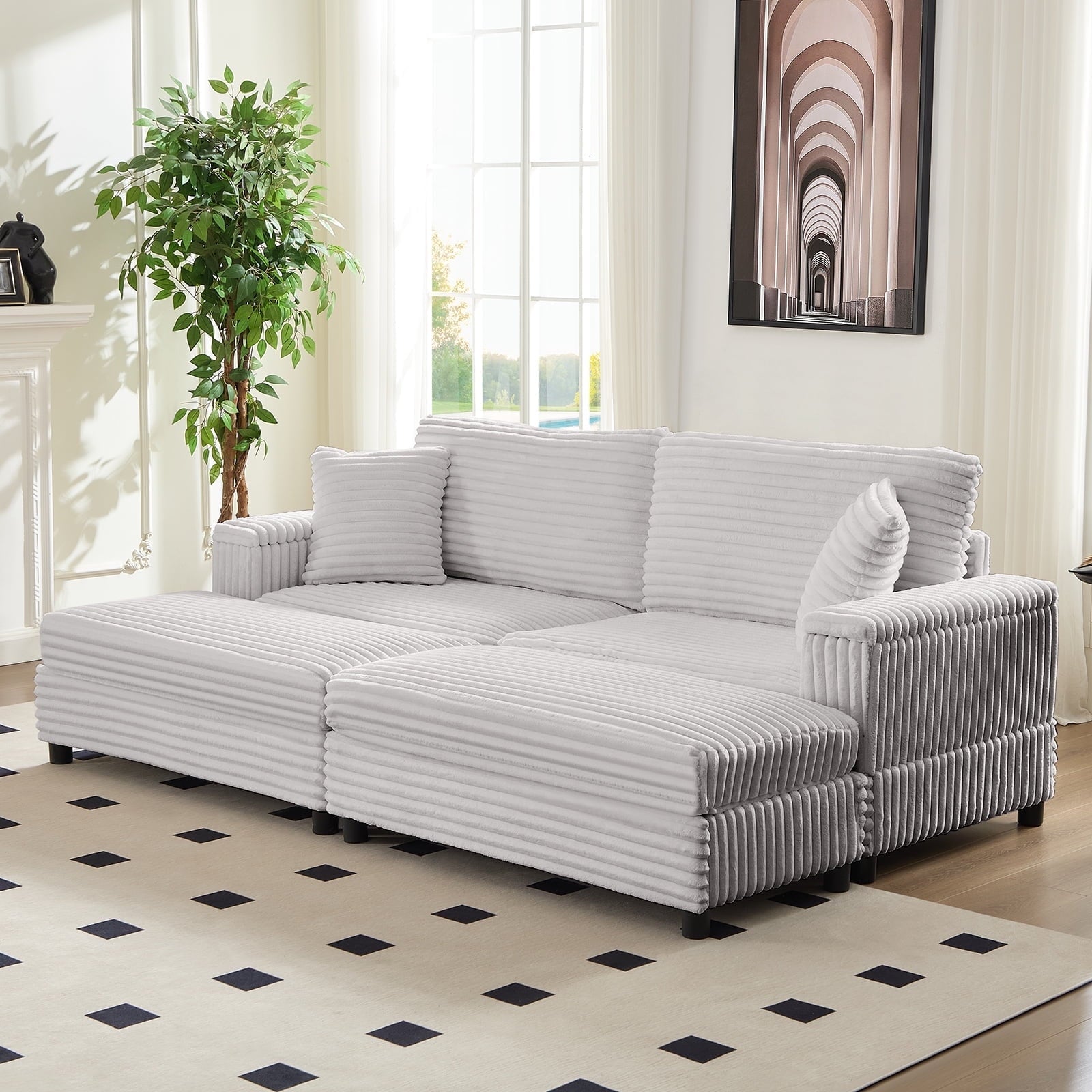Mjkone 85’’ Loveseat Sectional Sofa with 2 Ottoman,Corduroy Deep Seat Couch with Storage Armrests Living Room Furniture,