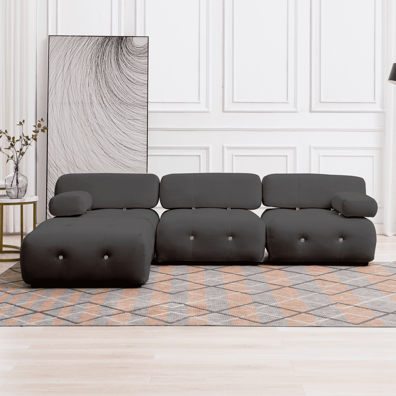 Mjkone 99"W L Shaped Velvet Sectional Sofa with Reversible Chaise,Free Combination Ottoman, 4 Seater Modular Sectional Sofa with Rivet Trim, Convertible Sofa Couches for Living Room