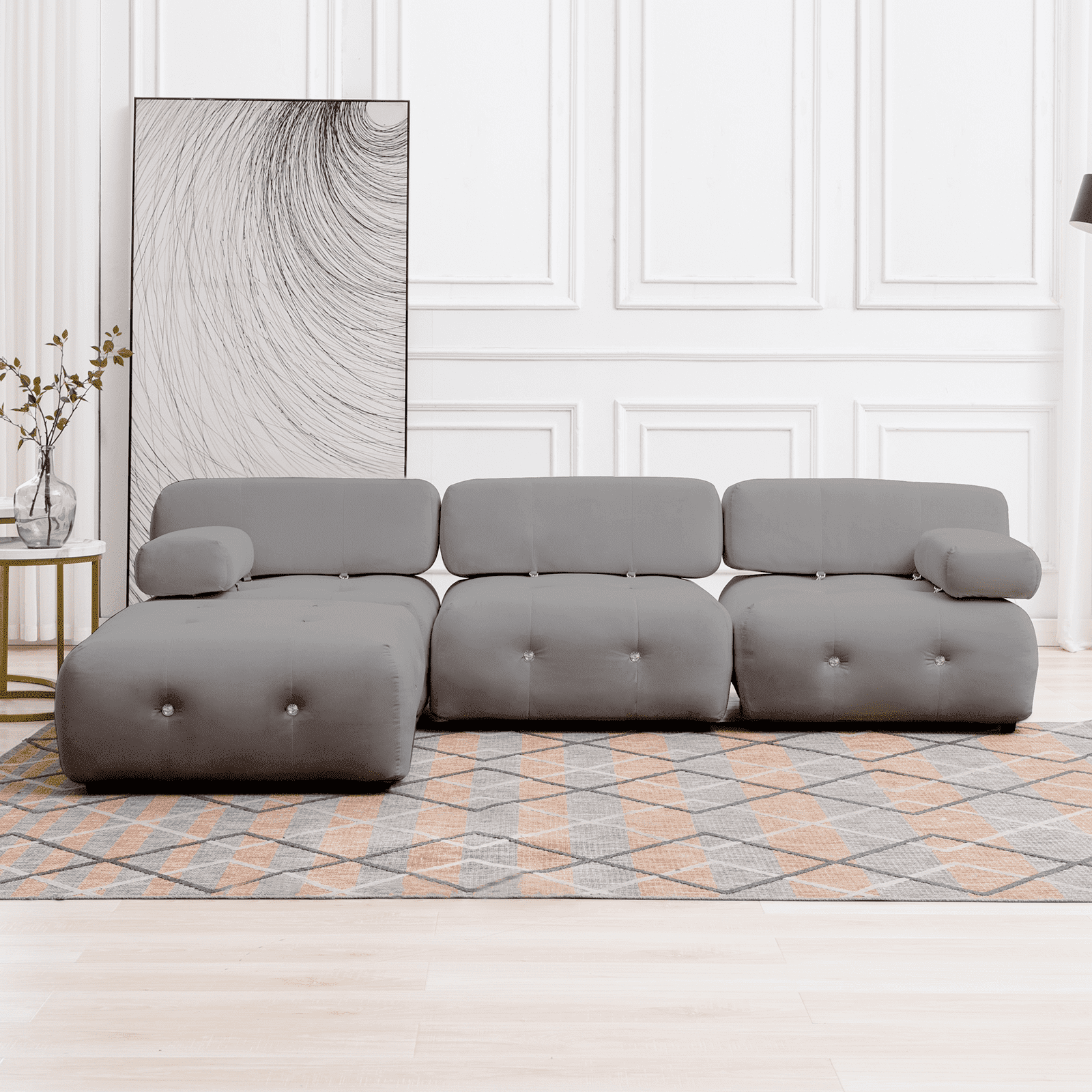 Mjkone 99"W L Shaped Velvet Sectional Sofa with Reversible Chaise,Free Combination Ottoman, 4 Seater Modular Sectional Sofa with Rivet Trim, Convertible Sofa Couches for Living Room