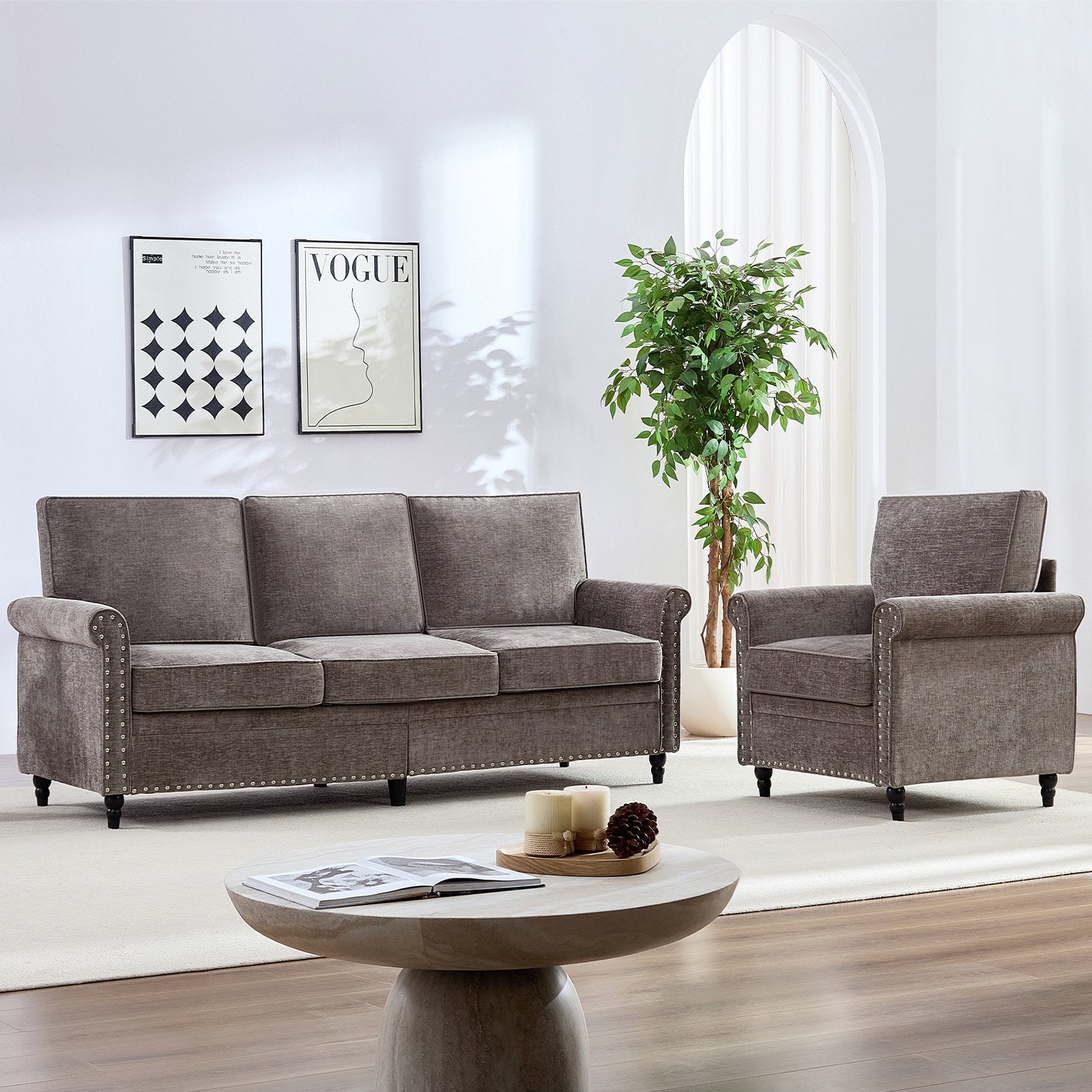 Mjkone Chenille Sectional Sofa Sets, 2-Piece Living Room Furniture Sets,Couch and Loveseat Sofa Set for Living Room,3-Seater + Loveseat,