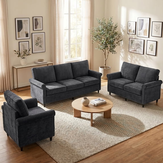 Mjkone Chenille Sectional Sofa Sets,3 Pieces Living Room Furniture Sets,Couch Sets for Living Room,3-Seater + Loveseat + Armchair
