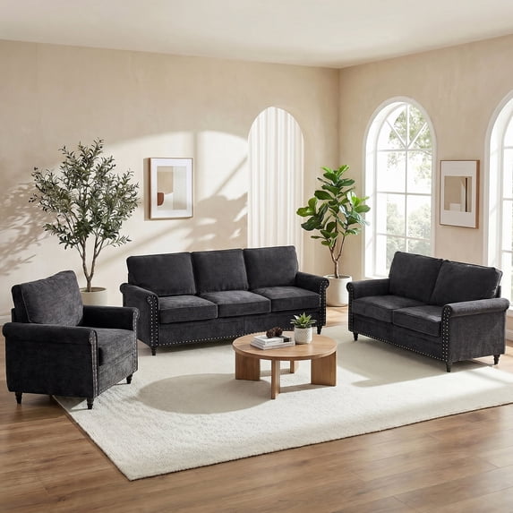 Mjkone Chenille Sectional Sofa Sets, 2-Piece Living Room Furniture Sets,Couch and Loveseat Sofa Set for Living Room,3-Seater + Loveseat,