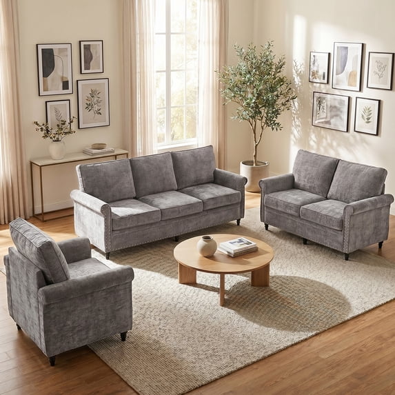 Mjkone Chenille Sectional Sofa Sets,3 Pieces Living Room Furniture Sets,Couch Sets for Living Room,3-Seater + Loveseat + Armchair