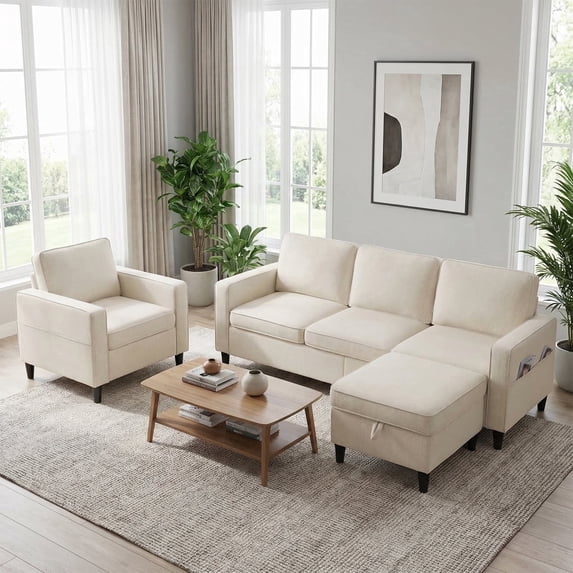 Mjkone 3 Pieces Living Room Furniture Sets, Linen Sectional Sofas and Couches Set with Storage Ottoman for Living Room