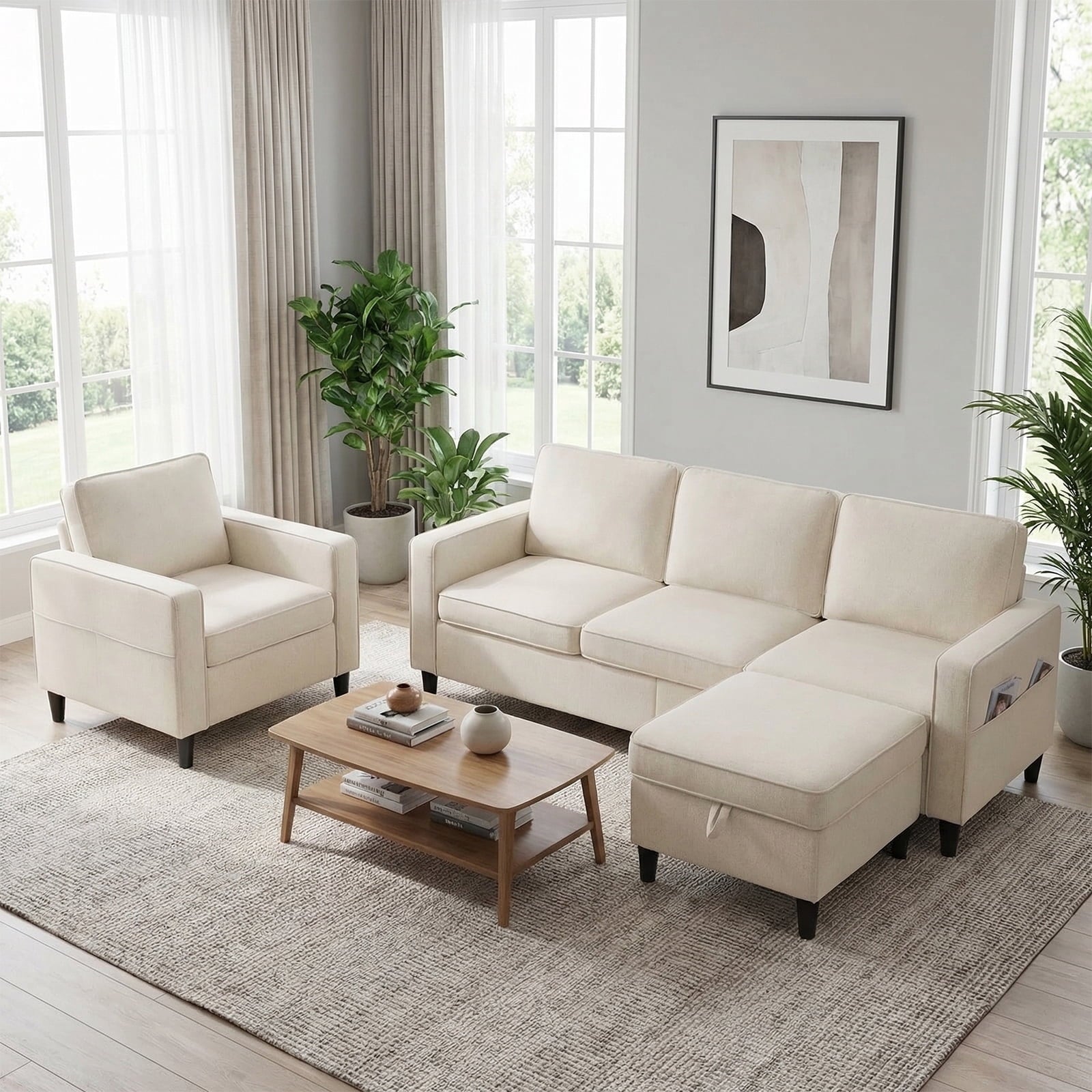 Mjkone 2 Pieces Living Room Furniture Sets, Linen Sectional Sofas and Couches Set with Storage Ottoman for Living Room,