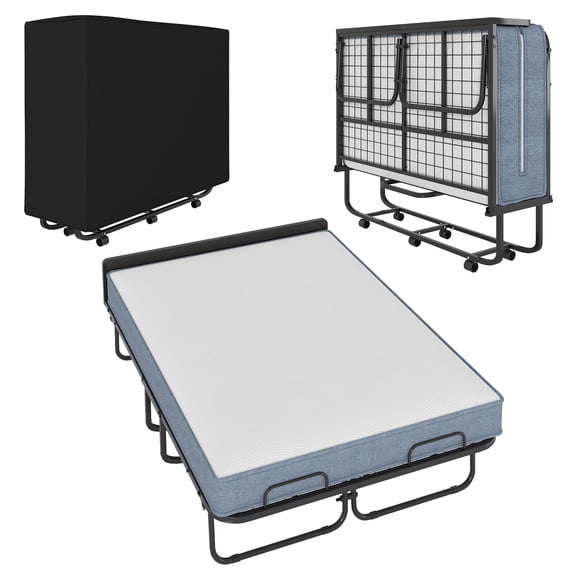 Mjkone Full Size Folding Bed with Mattress,Rollaway Bed for Adults,Foldable Rollaway Bed with Wheels for Bedroom/Guest Room