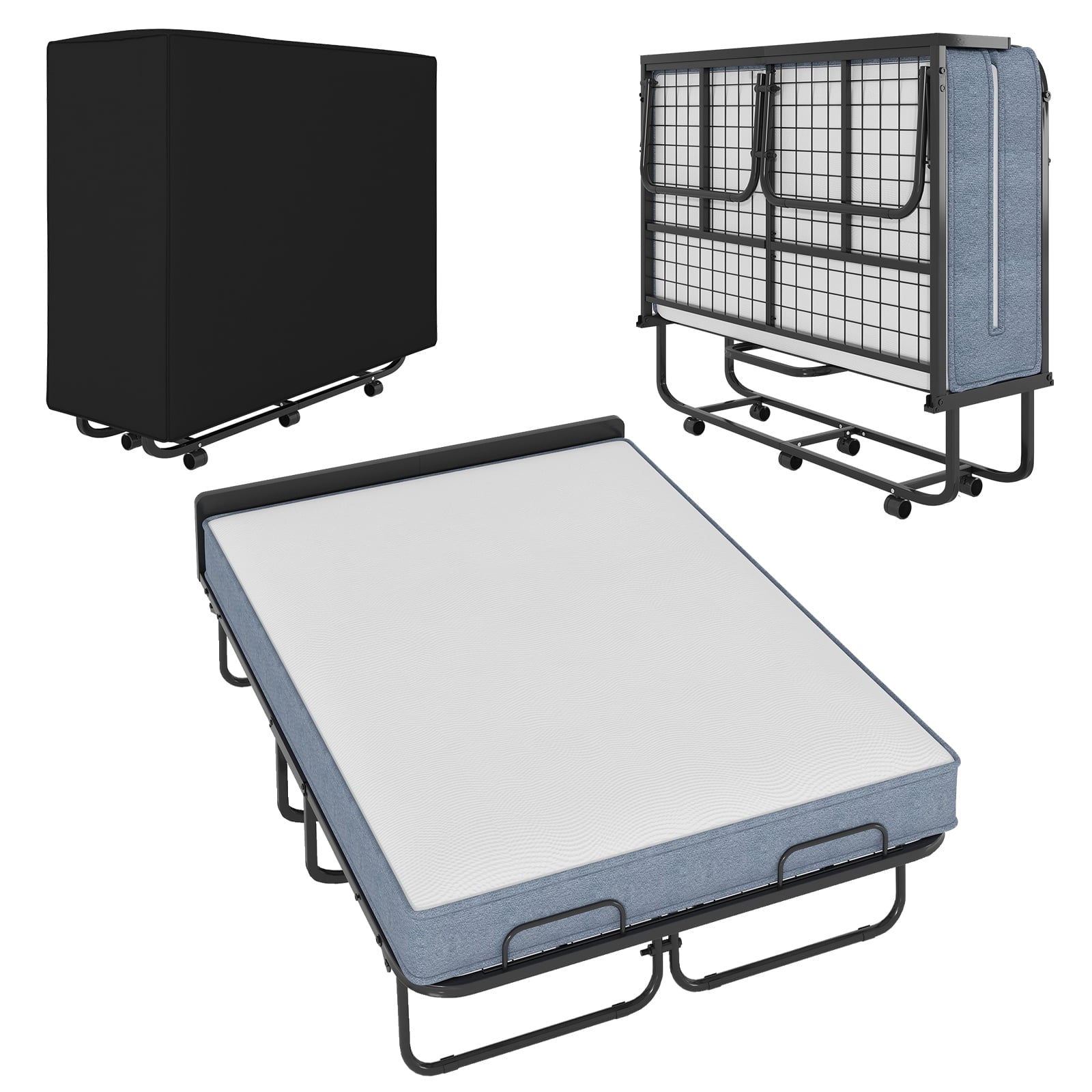 Mjkone Full Size Folding Bed with Mattress,Rollaway Bed for Adults,Foldable Rollaway Bed with Wheels for Bedroom/Guest Room