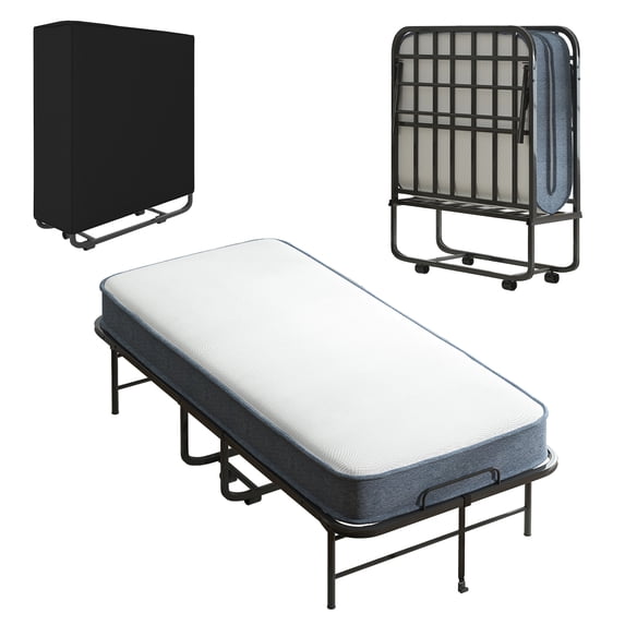 Mjkone Folding Bed with Mattress, Rollaway Fold Up Bed for Small Space, Foldable Bed with Lockable Wheels