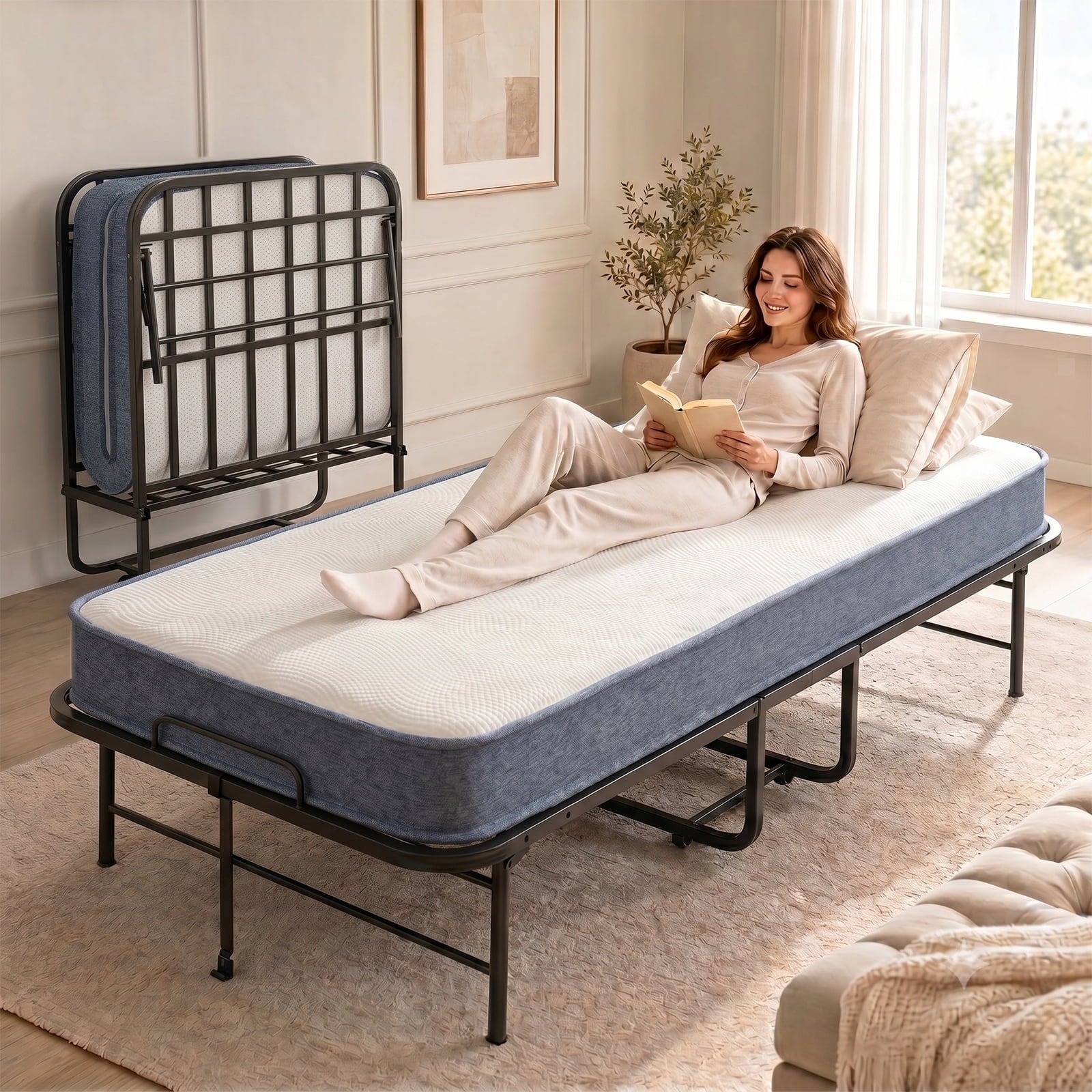 Mjkone Folding Bed with Mattress,75" x 31"Rollaway Bed for Adults with Dust Cover,Twin Size Foldable Bed with Lockable Wheels for Small Space