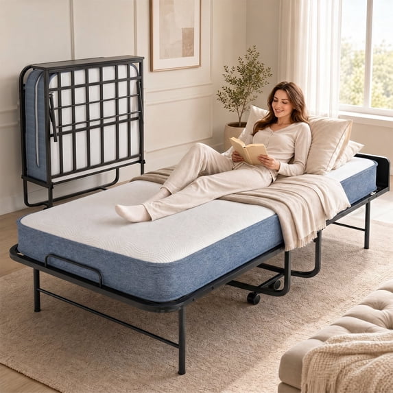 Mjkone Folding Bed with Mattress,75" x 38"Rollaway Bed for Adults with Dust Cover,Twin Size Rollaway Bed with Lockable Wheels for Small Space