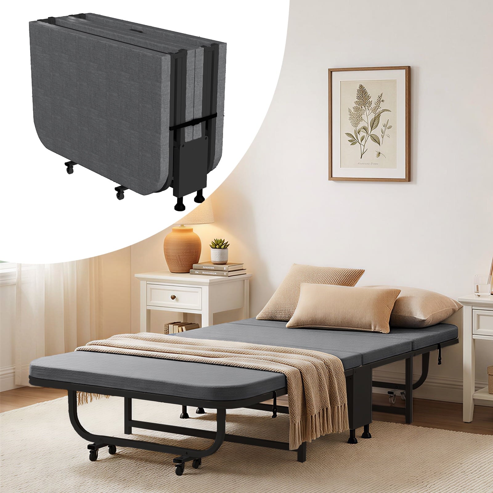 Mjkone Folding Bed with Mattress,Rollaway Folding Bed for Adults,Foldable Bed with Lockable Wheels for Small Space