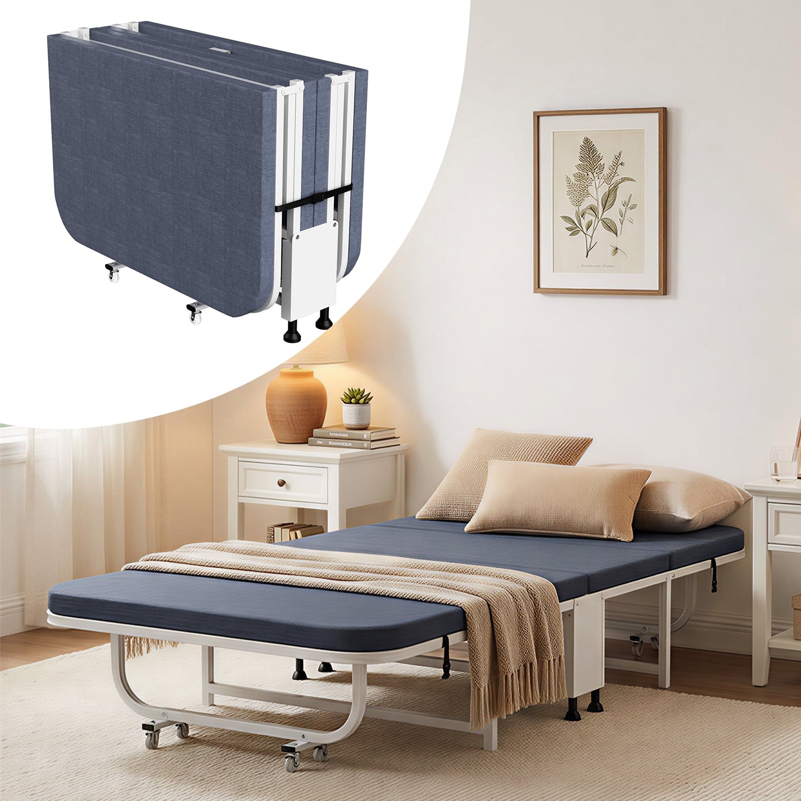 Mjkone Folding Bed with Mattress,Rollaway Folding Bed for Adults,Foldable Bed with Lockable Wheels for Small Space