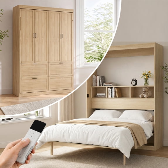 Mjkone Electric Full Size Murphy Wall Bed,Multifunctional Automatic Wall Bed with Shelves,Space-Saving Foldable Cabinet Bed for Bedroom
