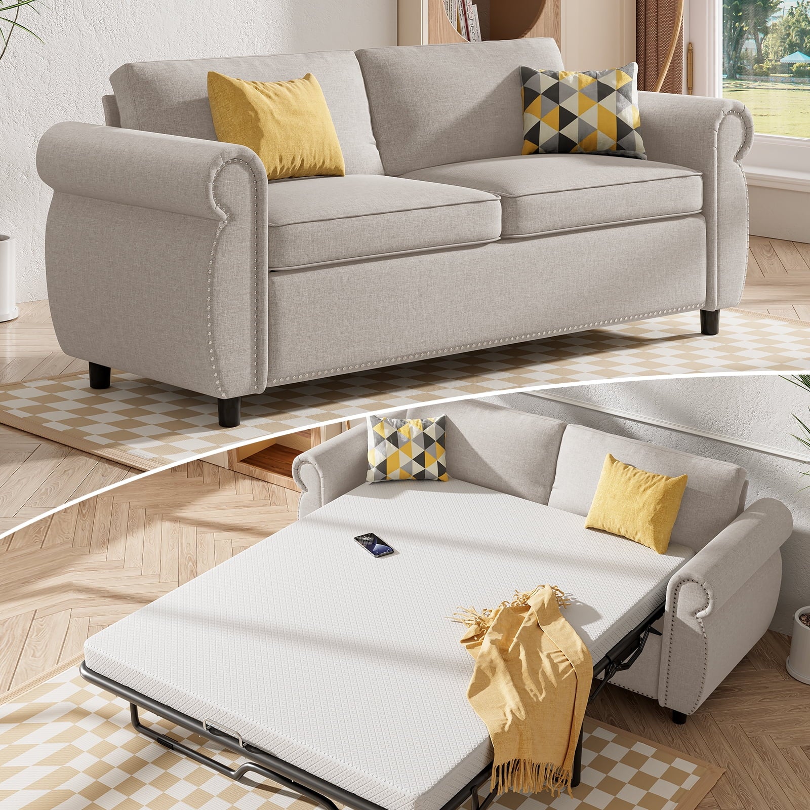 Mjkone Full Size Convertible Pull Out Sleeper Sofa Bed with Mattress for Living Room, Apartment or Office,