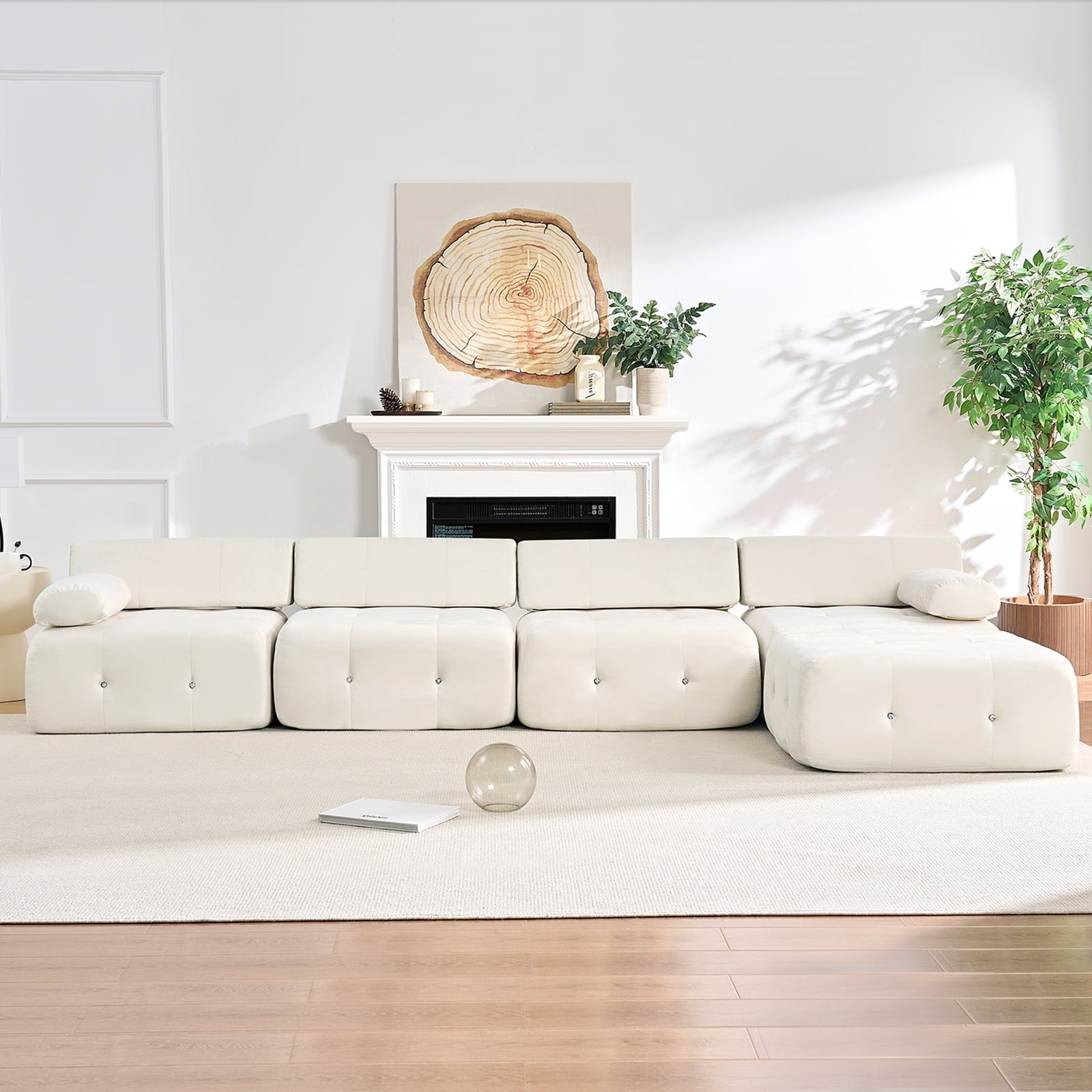 Mjkone L-Shaped Modular Sectional Sofa,Velvet Cloud Couch with Ottoman, Boneless Sectionals for Living Room,No Assembly Required