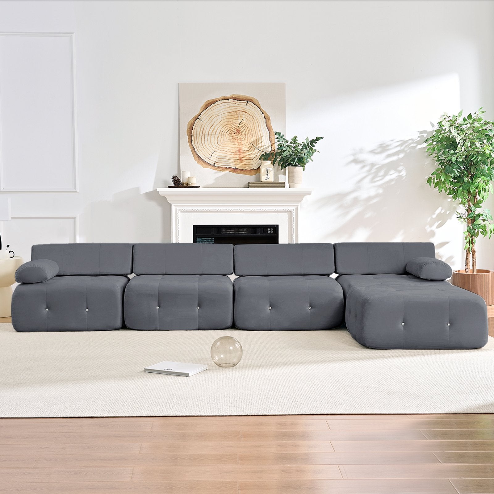 Mjkone L-Shaped Modular Sectional Sofa,Velvet Cloud Couch with Ottoman, Boneless Sectionals for Living Room,No Assembly Required
