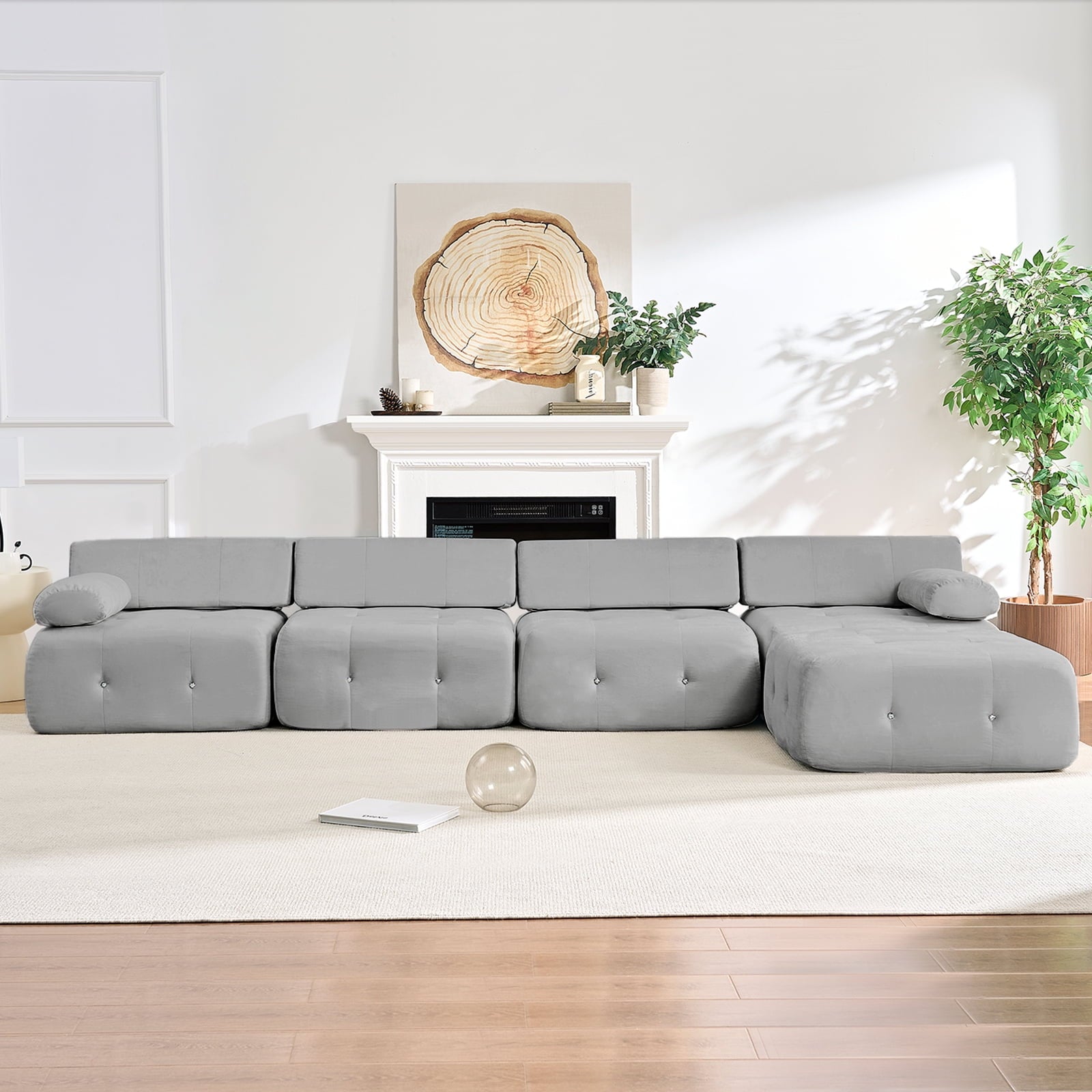 Mjkone L-Shaped Modular Sectional Sofa,Velvet Cloud Couch with Ottoman, Boneless Sectionals for Living Room,No Assembly Required