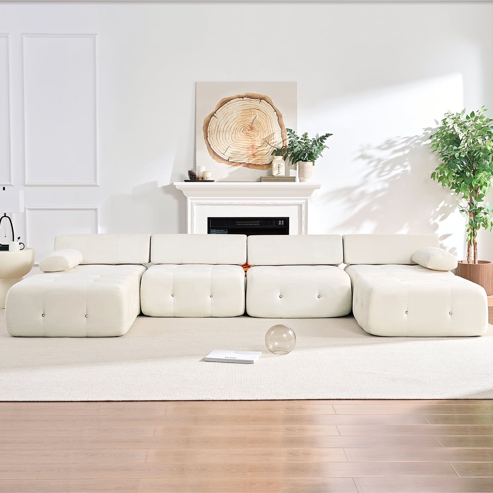 Mjkone 99"W L Shaped Velvet Sectional Sofa with Reversible Chaise,Free Combination Ottoman, 4 Seater Modular Sectional Sofa with Rivet Trim, Convertible Sofa Couches for Living Room