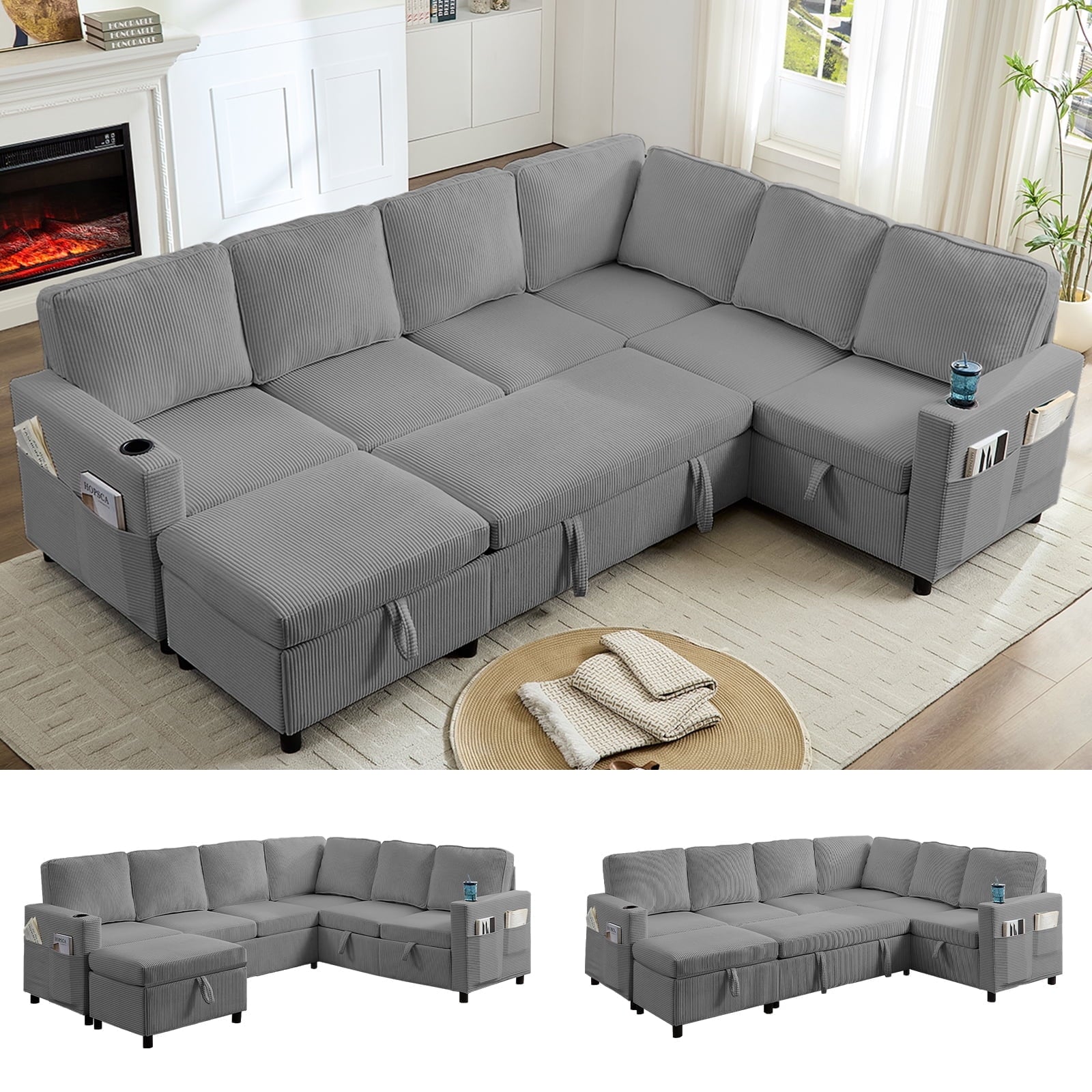 Mjkone Sectional Sleeper Sofa with Pull Out Bed,L-Shaped Sectional Sofa with Storage,Plush Corduroy Sectional Couches for Living Room,