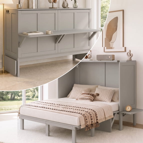 Mjkone Murphy Bed Full with Desk,Space-Saving Cabinet Bed with Desk and Shelves,Multifunctional Murphy Bed with Mattress