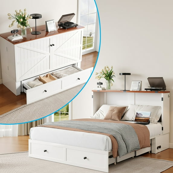 Mjkone Murphy Chest Bed,Full Size Cabinet Bed with Storage Drawers and USB Charging Station,Folding Chest Bed with Mattress for Living Room/Bedroom