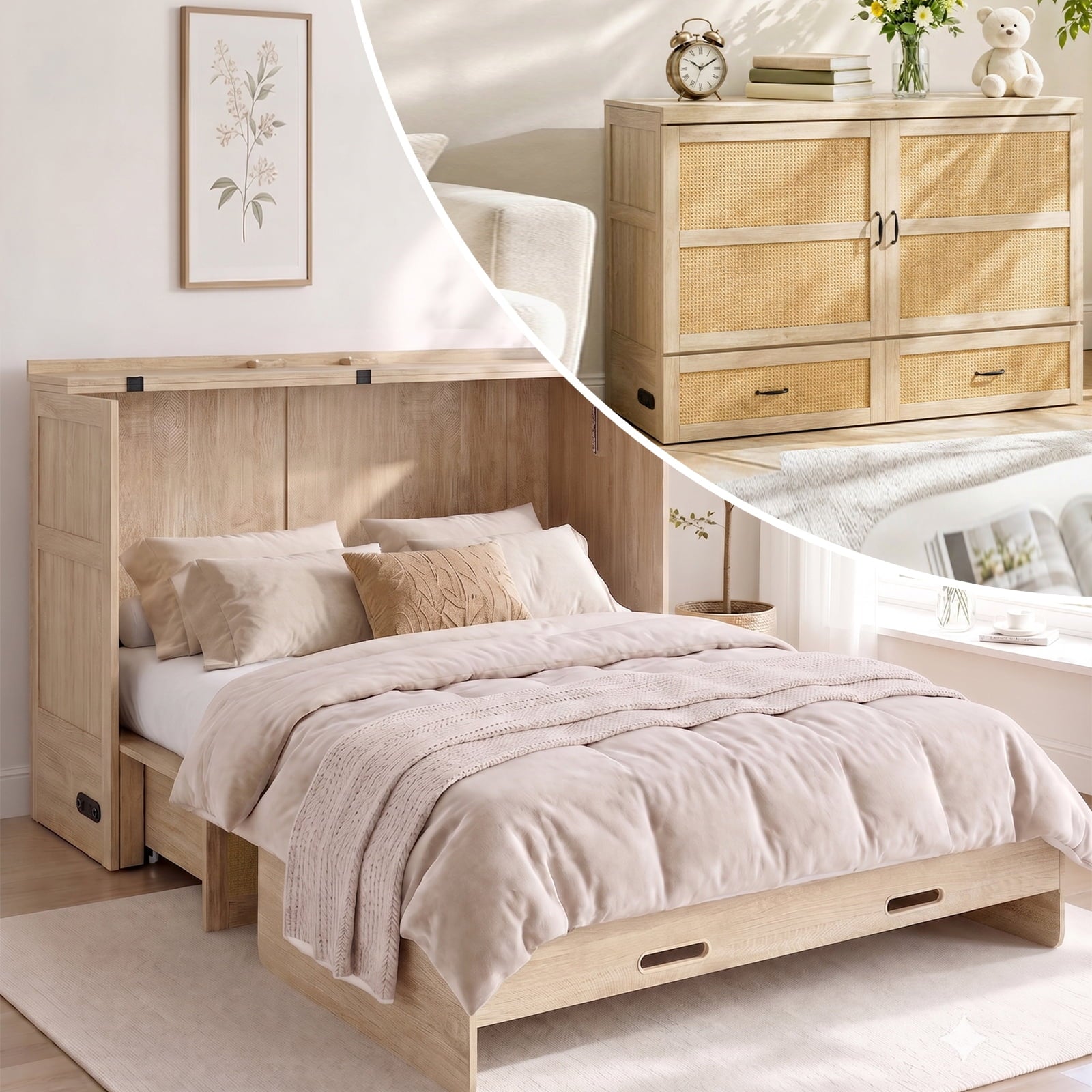 Mjkone Murphy Bed Queen with Mattress,Murphy Cabinet Bed with Rattan Panel and Charging Station,Multifunctional Storage Cabinet Bed for Bedroom