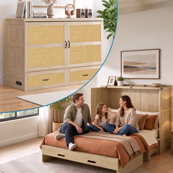 Mjkone Murphy Bed Queen with Mattress,Murphy Cabinet Bed with Rattan Panel and Charging Station,Multifunctional Storage Cabinet Beds for Bedroom