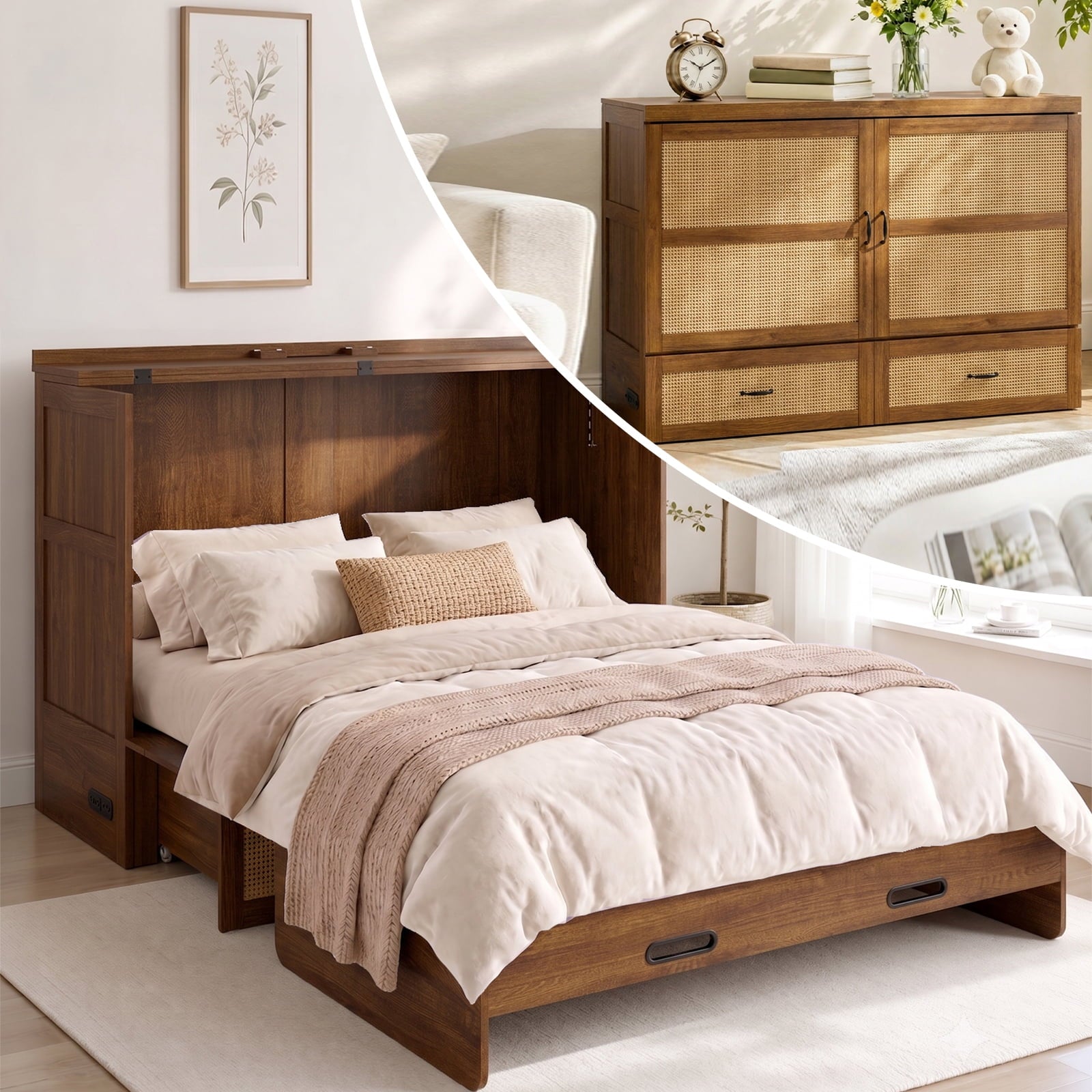 Mjkone Murphy Bed Queen with Mattress,Murphy Cabinet Bed with Rattan Panel and Charging Station,Multifunctional Storage Cabinet Bed for Bedroom