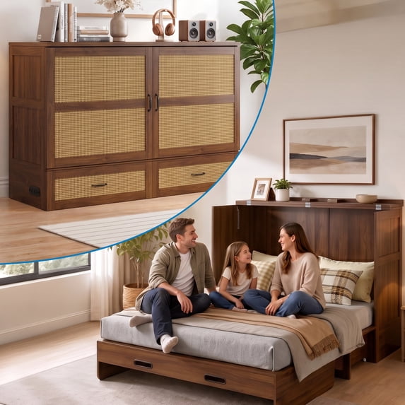 Mjkone Murphy Bed Queen with Mattress,Murphy Cabinet Bed with Rattan Panel and Charging Station,Multifunctional Storage Cabinet Beds for Bedroom