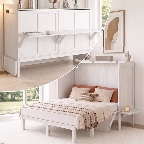 Mjkone Murphy Bed Full with Desk,Space-Saving Cabinet Bed with Desk and Shelves,Multifunctional Murphy Bed with Mattress