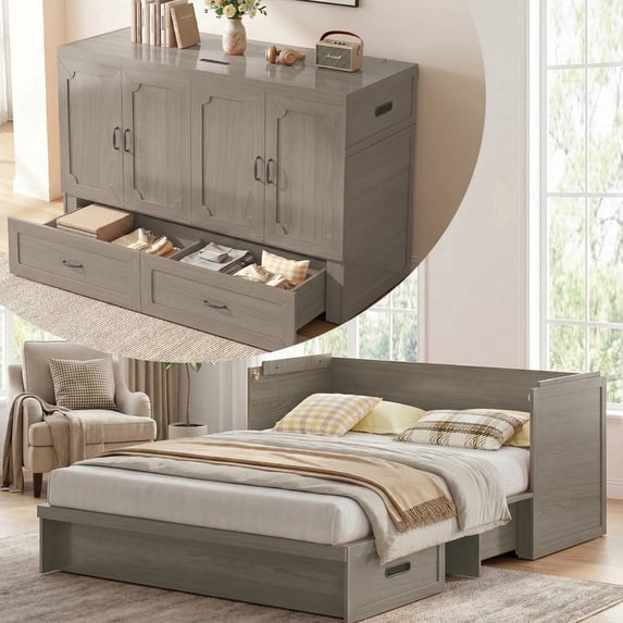 Mjkone Murphy Bed Queen with Mattress, Cabinet Bed with Storage Drawers and USB Charging Station,Murphy Chest Bed for Small Space,