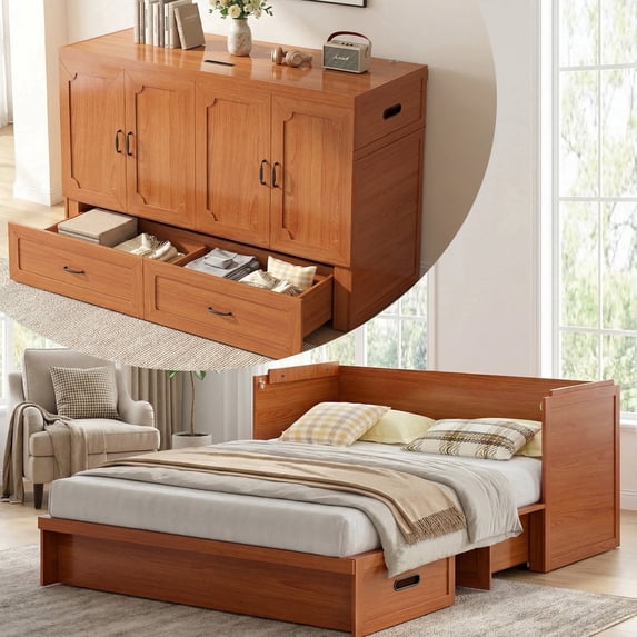 Mjkone Murphy Bed Queen with Mattress, Cabinet Bed with Storage Drawers and USB Charging Station,Murphy Chest Bed for Small Space,