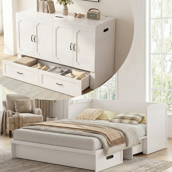 Mjkone Murphy Bed Queen with Mattress, Cabinet Bed with Storage Drawers and USB Charging Station,Murphy Chest Bed for Small Space,