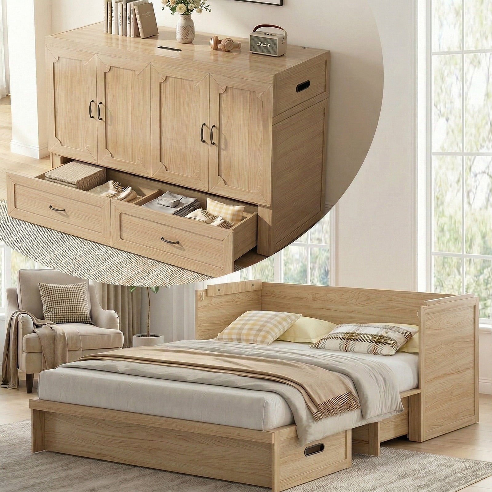 Mjkone Murphy Bed Queen with Mattress, Cabinet Bed with Storage Drawers and USB Charging Station,Murphy Chest Bed for Small Space