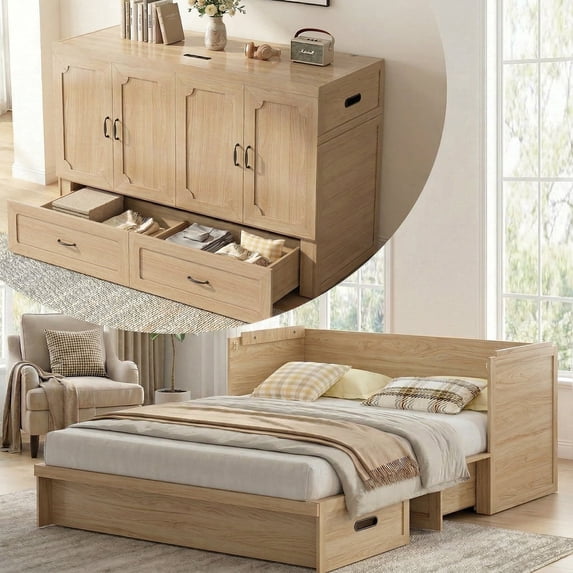 Mjkone Murphy Bed Queen with Mattress, Cabinet Bed with Storage Drawers and USB Charging Station,Murphy Chest Bed for Small Space,