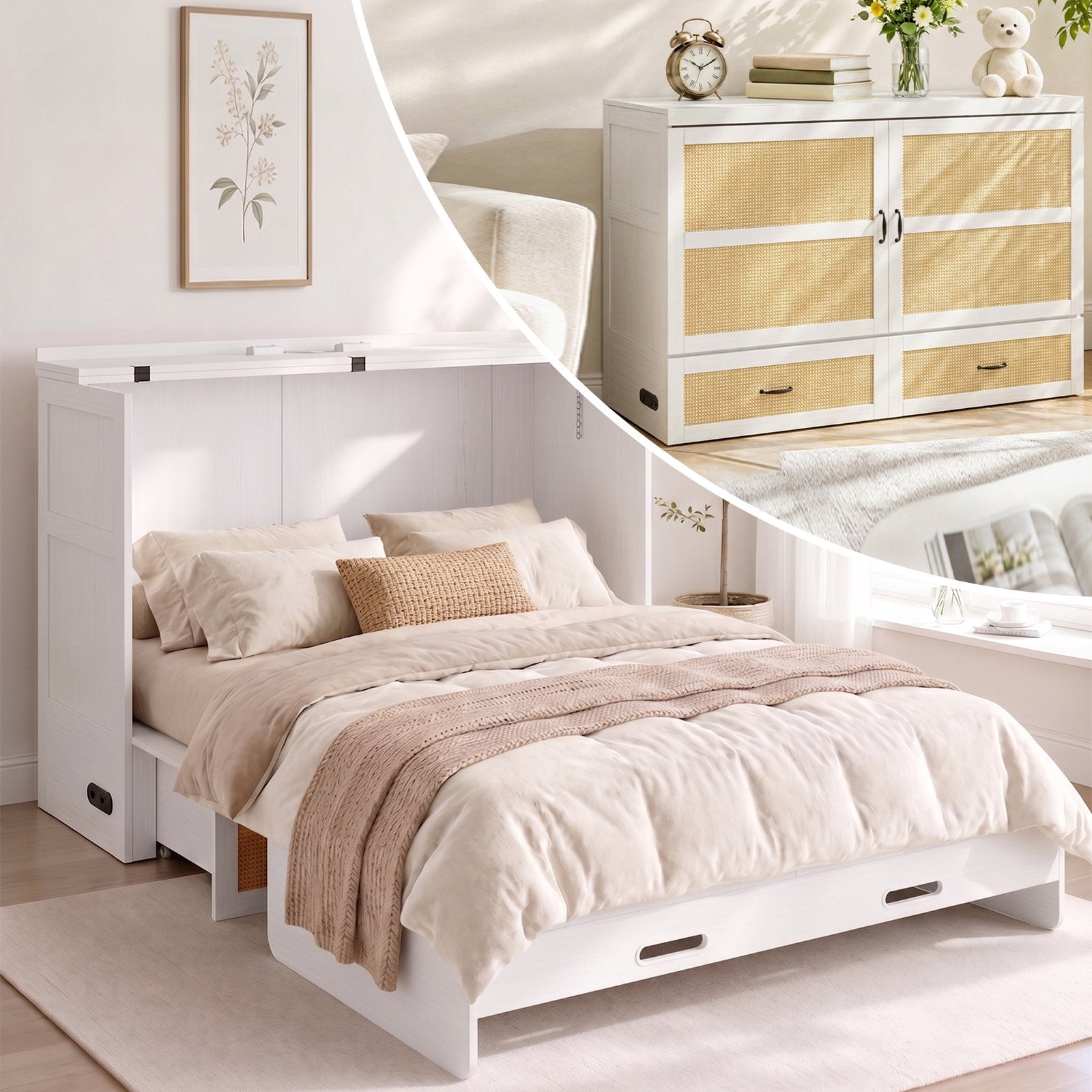 Mjkone Murphy Bed Queen with Mattress,Murphy Cabinet Bed with Rattan Panel and Charging Station,Multifunctional Storage Cabinet Bed for Bedroom