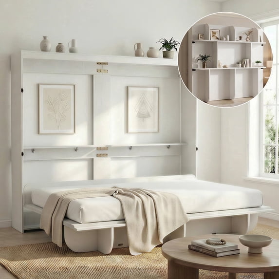 Mjkone Murphy Wall Bed Queen Size,Wall Bed with Shelves,Multifunctional Murphy Bed for Small Space/Bedroom/Guest Room