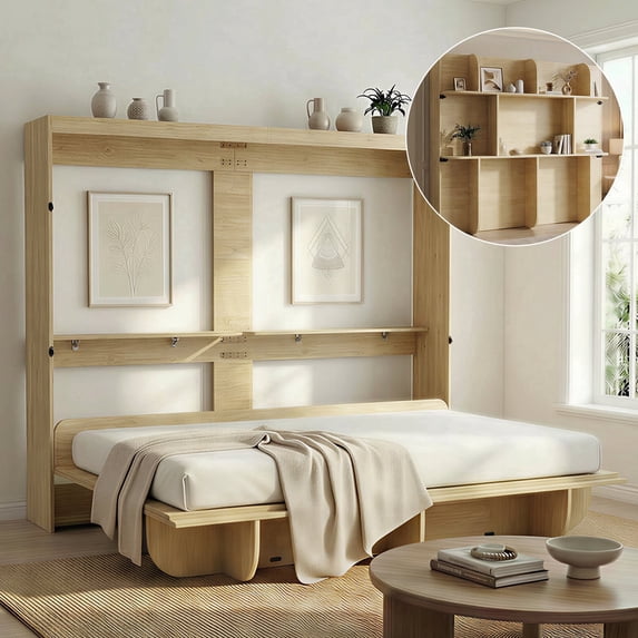 Mjkone Murphy Wall Bed Queen Size,Wall Bed with Shelves,Multifunctional Murphy Bed for Small Space/Bedroom/Guest Room