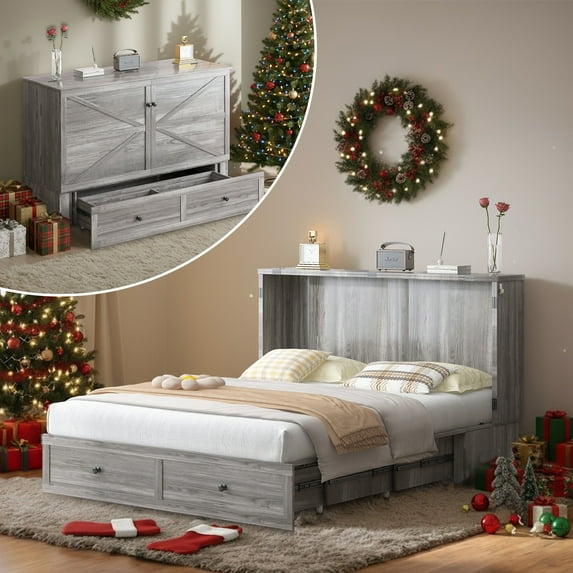 Mjkone Murphy Chest Bed,Full Size Cabinet Bed with Storage Drawers and USB Charging Station,Folding Chest Bed with Mattress for Living Room/Bedroom