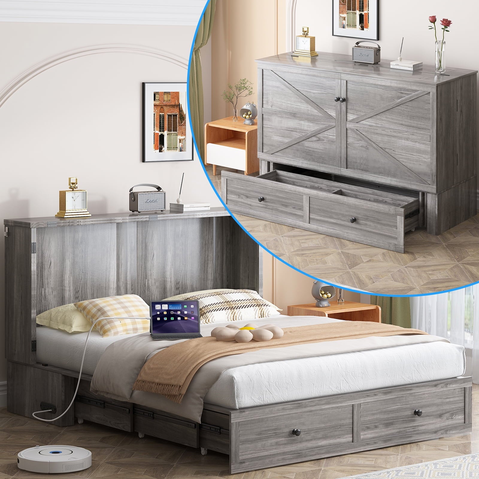 Mjkone Murphy Chest Bed,Full Size Cabinet Bed with Storage Drawers and USB Charging Station,Folding Chest Bed with Mattress for Living Room/Bedroom,