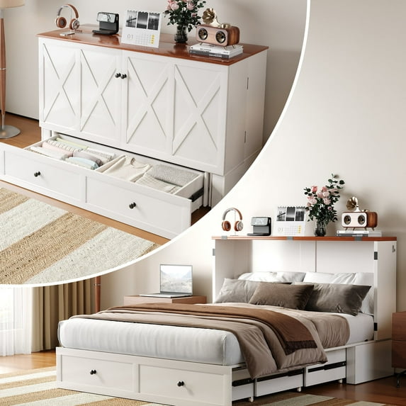 Mjkone Murphy Chest Bed,Full Size Cabinet Bed with Storage Drawers and USB Charging Station,Folding Chest Bed with Mattress for Living Room/Bedroom,White