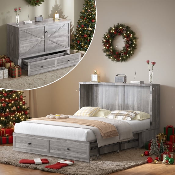 Mjkone Murphy Chest Bed,Full Size Cabinet Bed with Storage Drawers and USB Charging Station,Folding Chest Bed with Mattress for Living Room/Bedroom