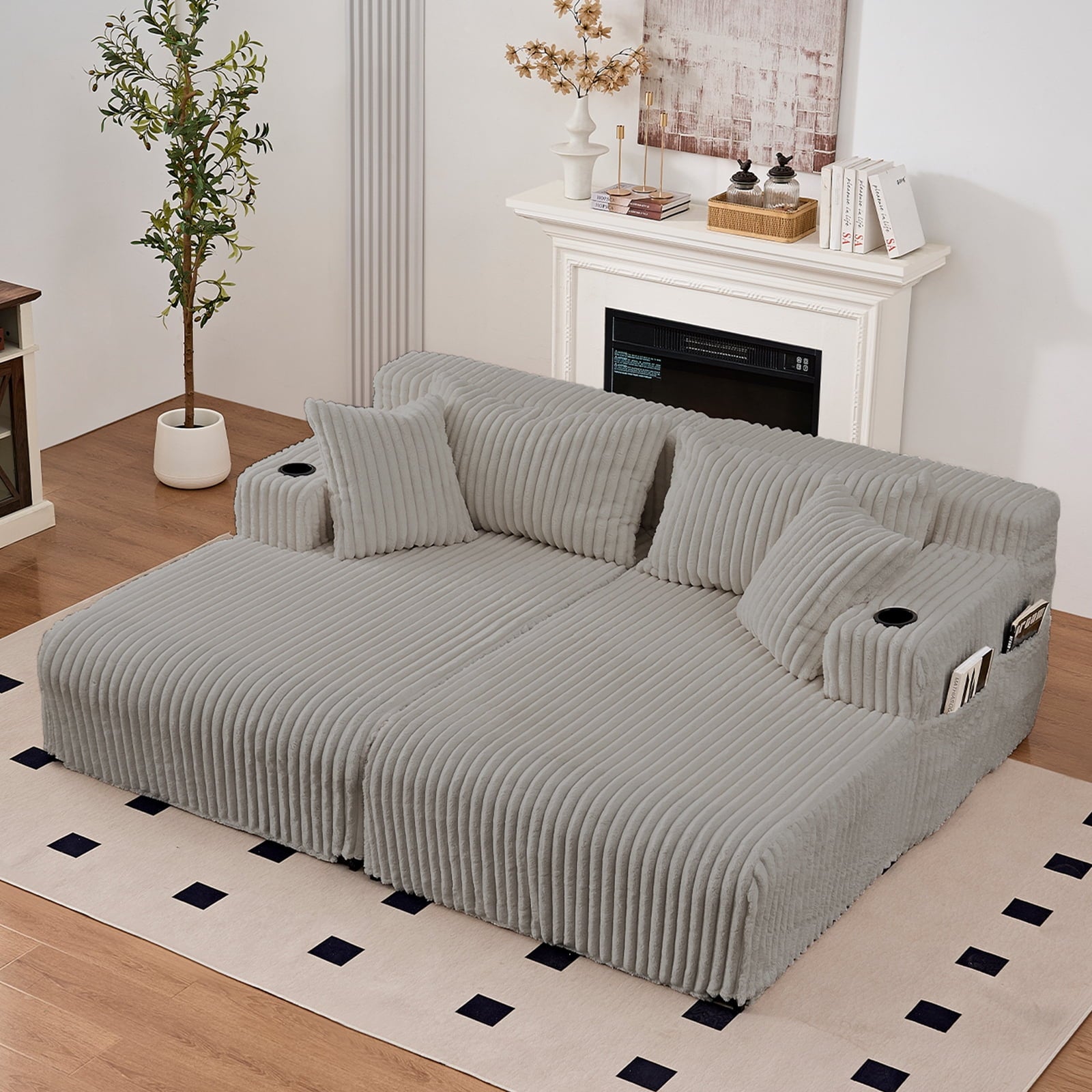 Mjkone 85’’ Loveseat Sectional Sofa with 2 Ottoman,Corduroy Deep Seat Couch with Storage Armrests Living Room Furniture,
