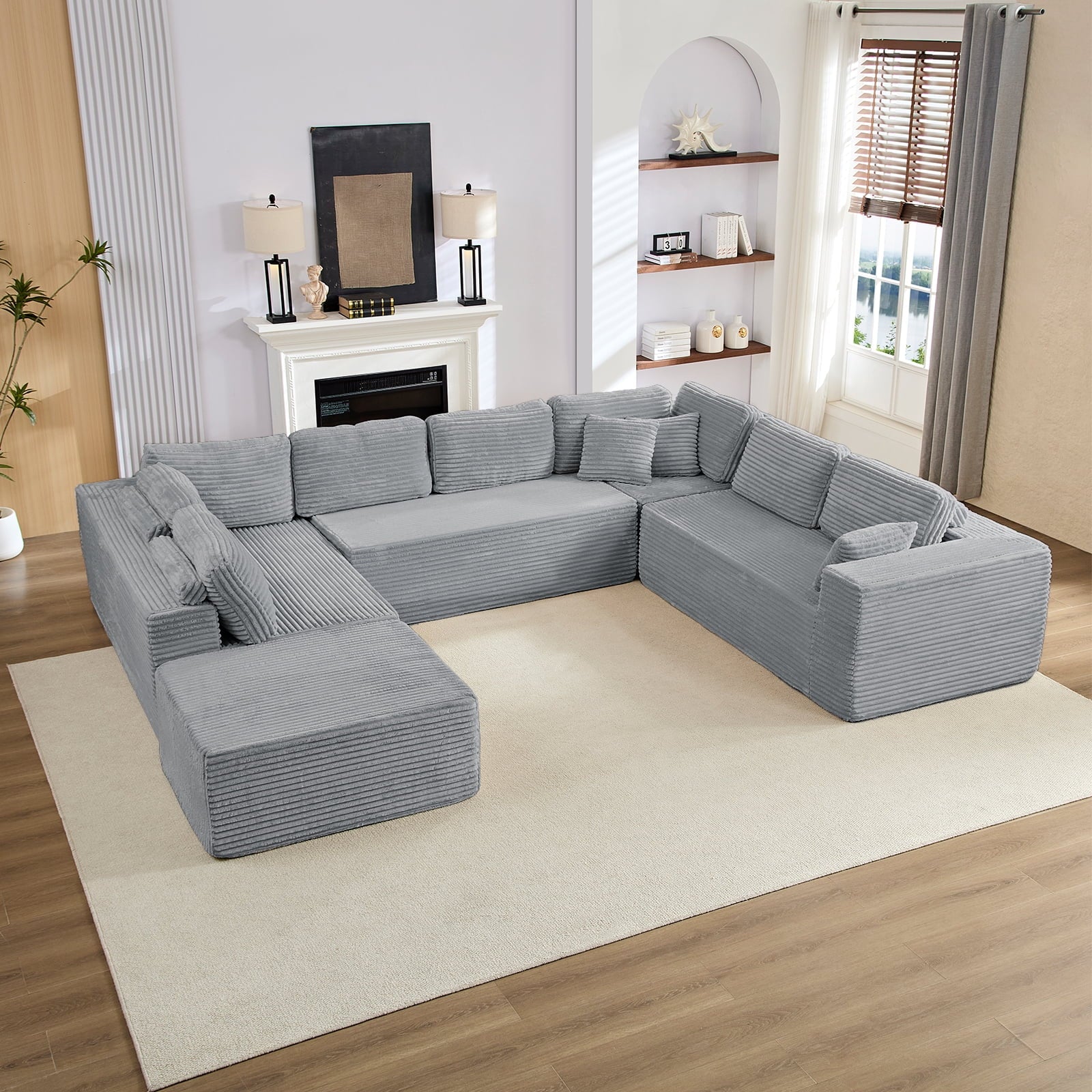Mjkone 140"Oversized Modular U Shped Sectional Sofa,Corduroy Cloud Couch with Movable Ottoman for Living Room,No Assembly Required,
